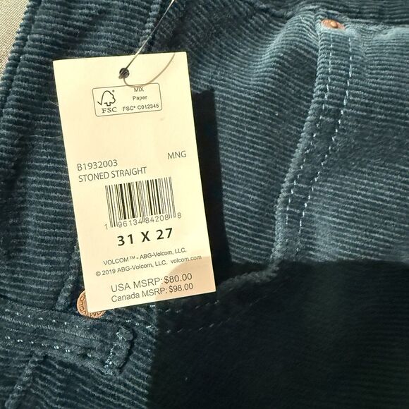 Volcom Stoned Straight Jeans Women's Casual Corduroy Pants Midnight Green 31x27 - Picture 4 of 5